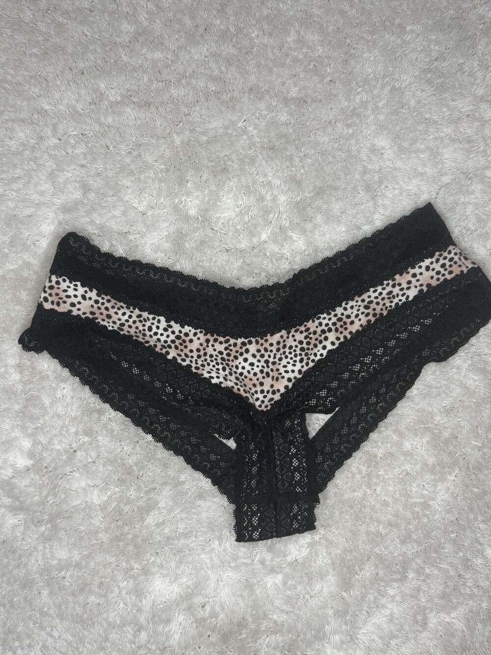 Victoria’s Secret Cotton Lingerie Black Lace Cheetah Print Cheeky Panty Size S